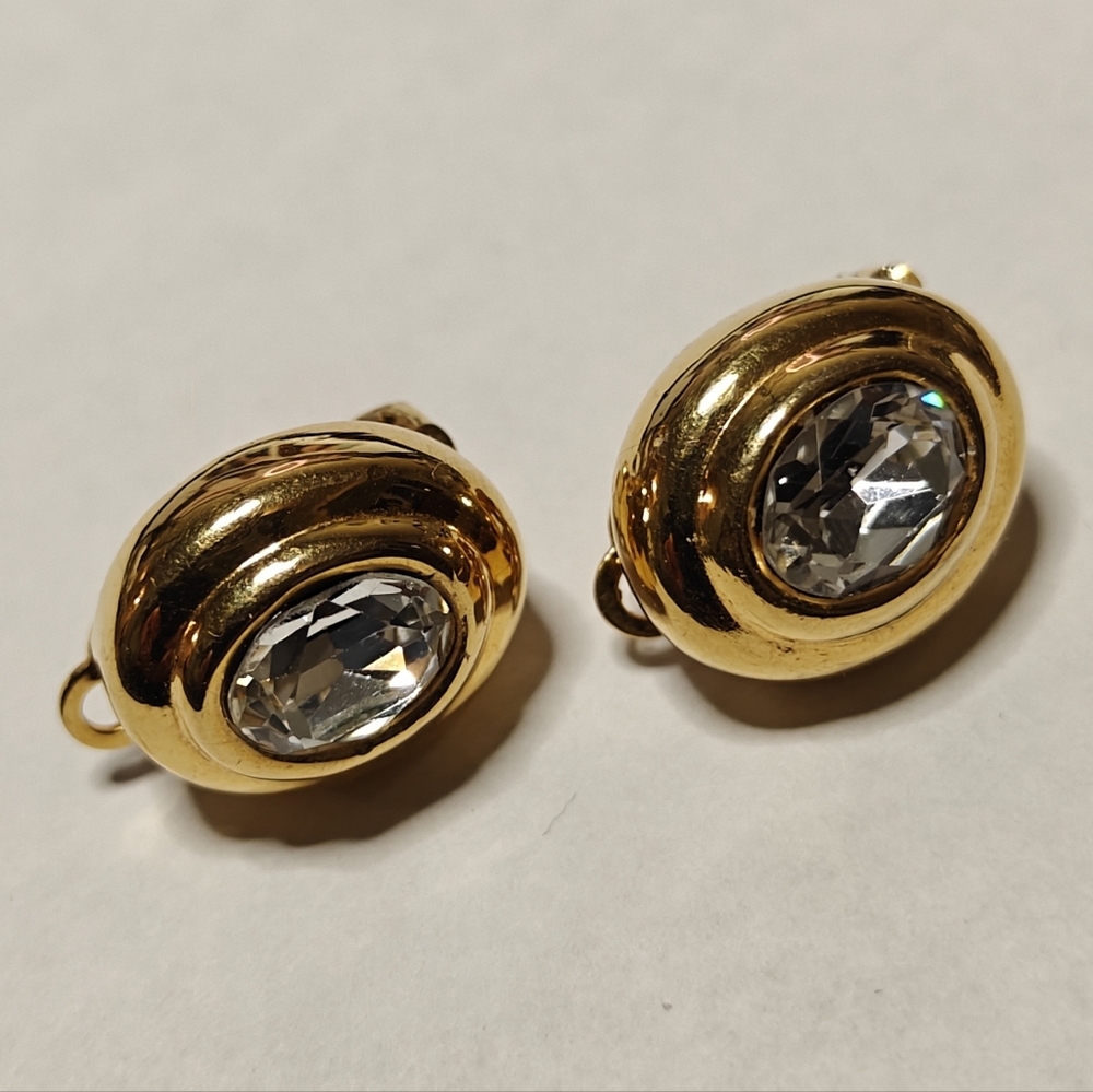 Elegant Signed Carolee Gold Plated Clip-On Earrings With Clear Crystals